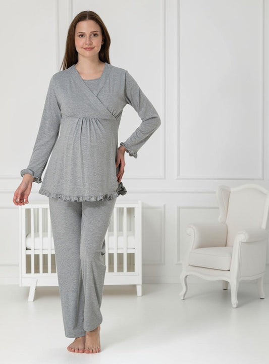 Grey maternity pyjamas by Mini Plum – long-sleeve nursing nightwear with wrap, breastfeeding-friendly, hospital bag ready