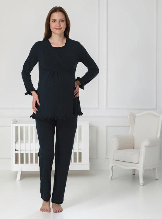 Navy maternity pyjamas by Mini Plum – long-sleeve nursing nightwear with wrap, breastfeeding-friendly, hospital bag ready