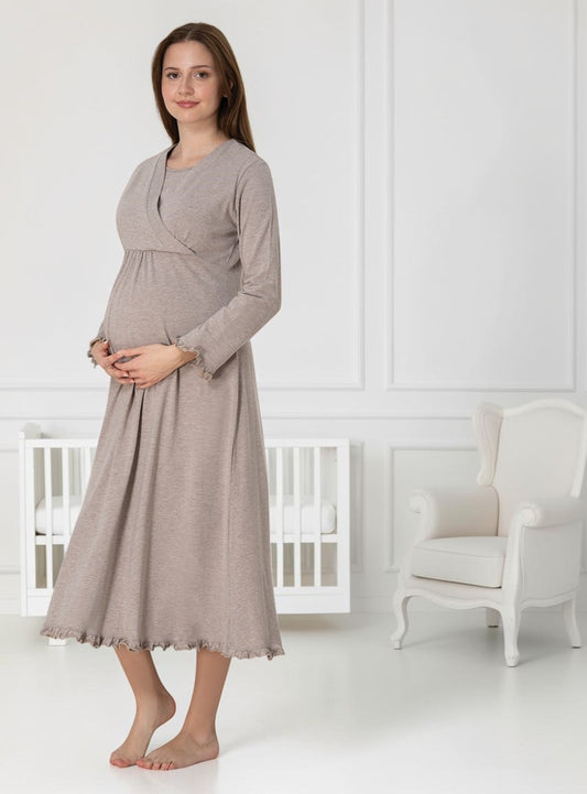 Beige maternity nightdress by Mini Plum – long-sleeve nursing nightwear with wrap, breastfeeding-friendly, hospital bag ready