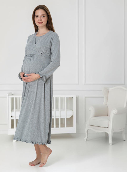 Grey maternity nightdress by Mini Plum – long-sleeve nursing nightwear with wrap, breastfeeding-friendly, hospital bag ready