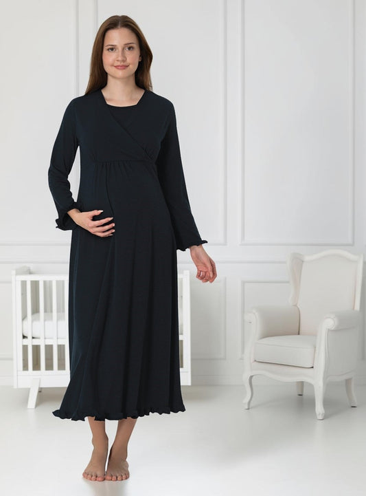 Navy maternity nightdress by Mini Plum – long-sleeve nursing nightwear with wrap, breastfeeding-friendly, hospital bag ready
