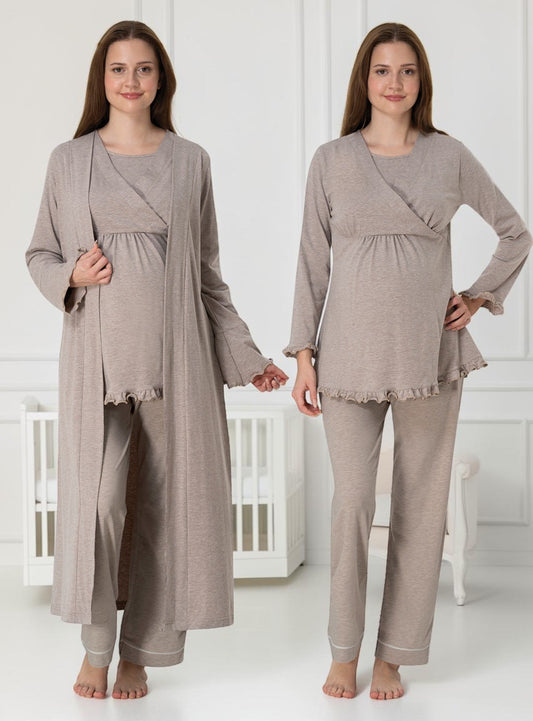 Beige pyjama & robe set by Mini Plum – long-sleeve nursing nightwear with wrap, breastfeeding-friendly, hospital bag ready