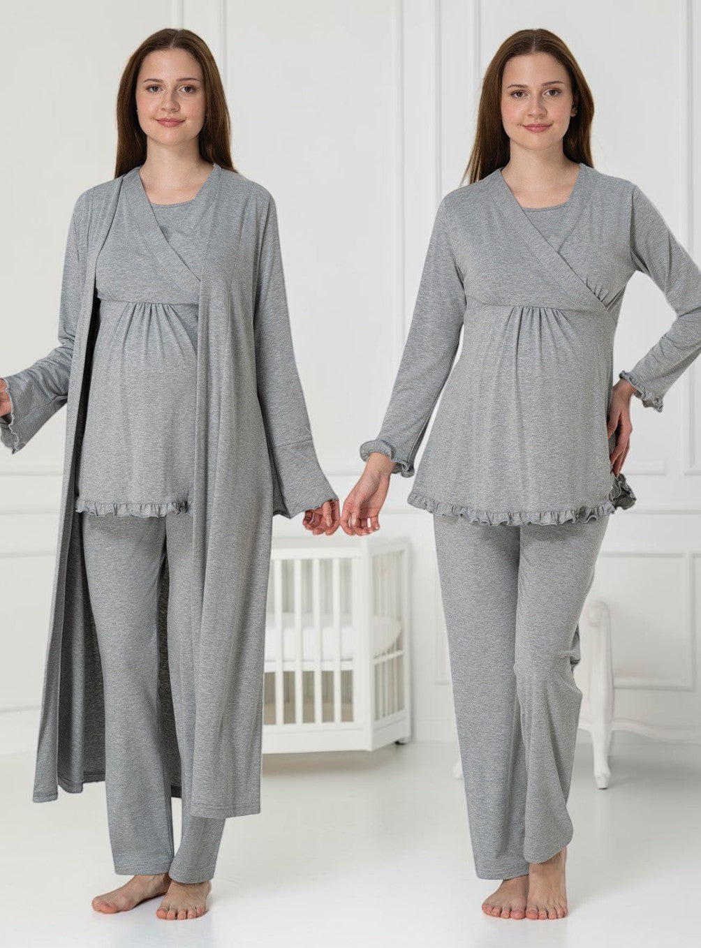 Grey pyjama & robe set by Mini Plum – long-sleeve nursing nightwear with wrap, breastfeeding-friendly, hospital bag ready
