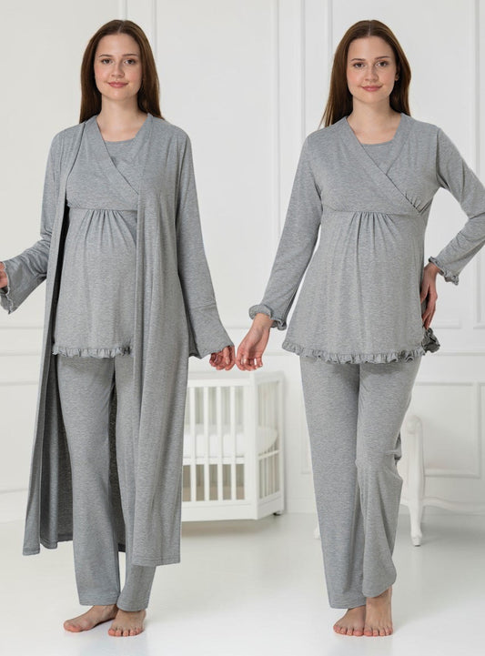 Grey pyjama & robe set by Mini Plum – long-sleeve nursing nightwear with wrap, breastfeeding-friendly, hospital bag ready