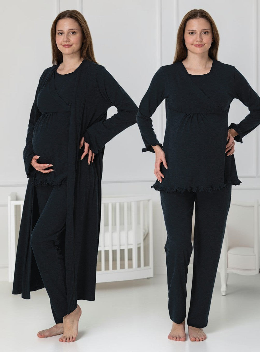 Navy pyjama & robe set by Mini Plum – long-sleeve nursing nightwear with wrap, breastfeeding-friendly, hospital bag ready