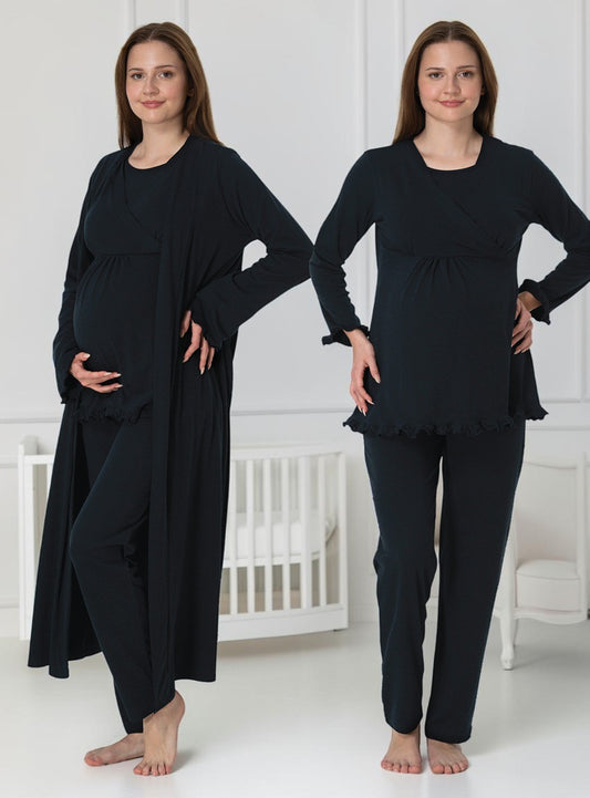 Navy pyjama & robe set by Mini Plum – long-sleeve nursing nightwear with wrap, breastfeeding-friendly, hospital bag ready