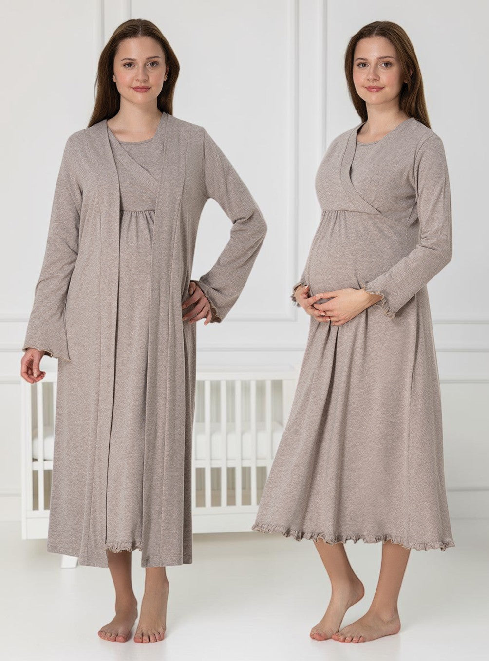 Beige nightie & robe set by Mini Plum – long-sleeve nursing nightwear with wrap, breastfeeding-friendly, hospital bag ready