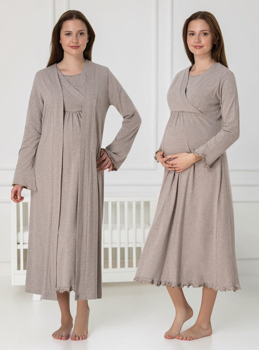 Beige nightie & robe set by Mini Plum – long-sleeve nursing nightwear with wrap, breastfeeding-friendly, hospital bag ready