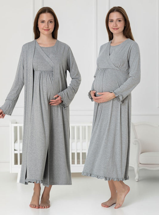 Grey nightie & robe set by Mini Plum – long-sleeve nursing nightwear with wrap, breastfeeding-friendly, hospital bag ready