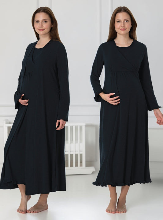 Navy nightie & robe set by Mini Plum – long-sleeve nursing nightwear with wrap, breastfeeding-friendly, hospital bag ready