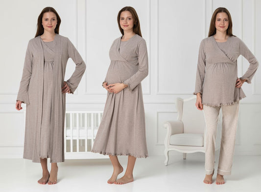Beige 4-piece maternity set by Mini Plum – long-sleeve nursing nightwear with wrap, breastfeeding-friendly, hospital bag ready