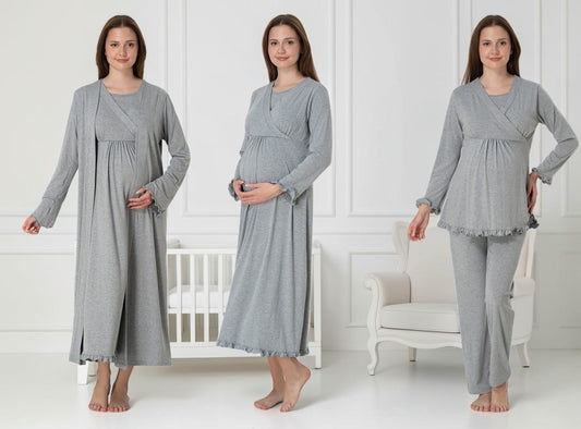 Grey 4-piece maternity set by Mini Plum – long-sleeve nursing nightwear with wrap, breastfeeding-friendly, hospital bag ready