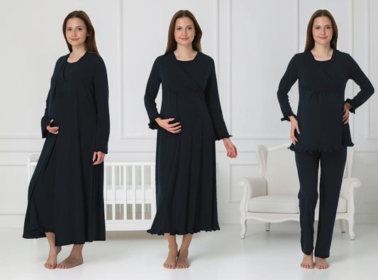 Navy 4-piece maternity set by Mini Plum – long-sleeve nursing nightwear with wrap, breastfeeding-friendly, hospital bag ready