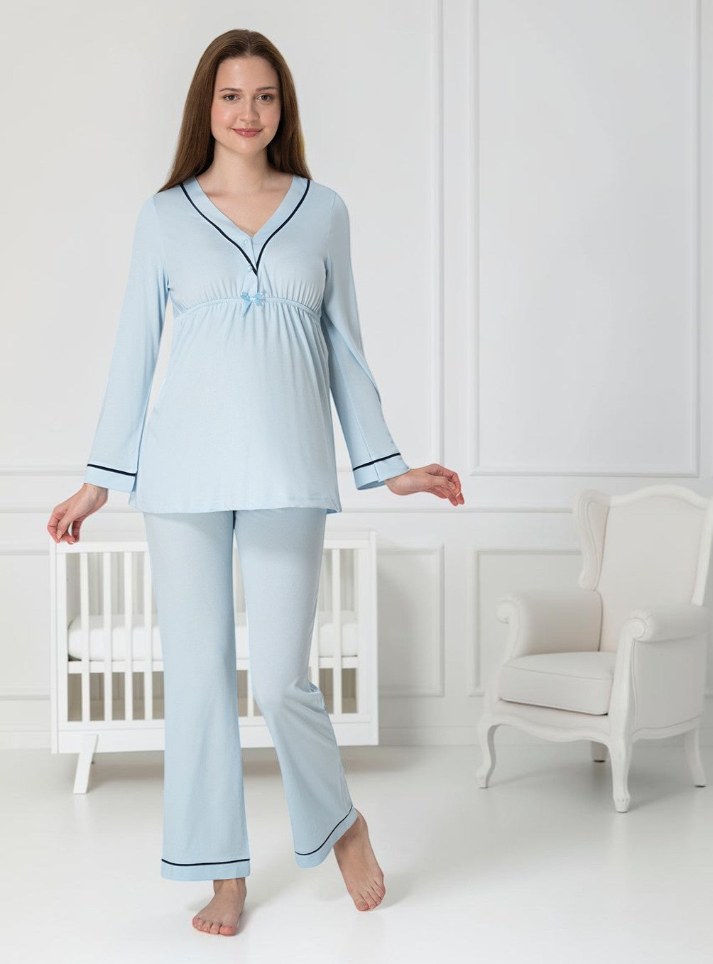Blue maternity pyjamas by Mini Plum – nursing maternity nightwear, breastfeeding button-down, hospital bag & baby shower gift