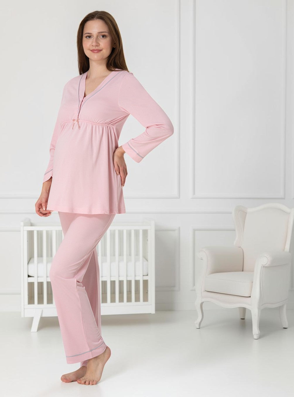 Light Pink maternity pyjamas by Mini Plum – nursing maternity nightwear, breastfeeding button-down, hospital bag & baby shower gift