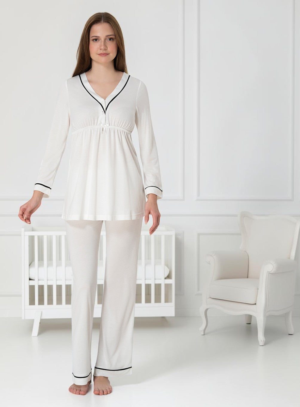 White maternity pyjamas by Mini Plum – nursing maternity nightwear, breastfeeding button-down, hospital bag & baby shower gift