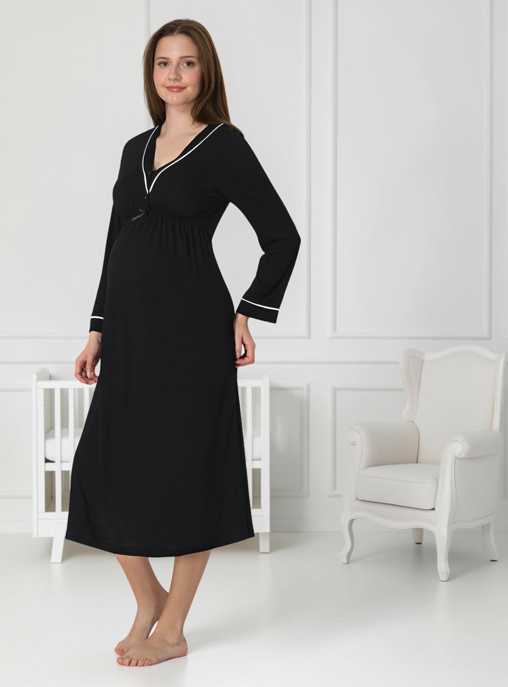 Black maternity nightie by Mini Plum – nursing maternity nightwear, breastfeeding button-down, hospital bag & baby shower gift