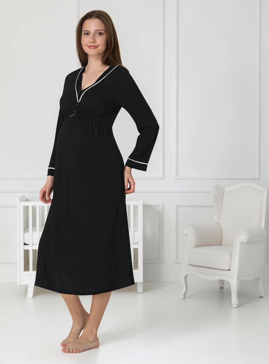 Black maternity nightie by Mini Plum, long sleeve v-neck – nursing & breastfeeding nightwear, postpartum, hospital bag ready