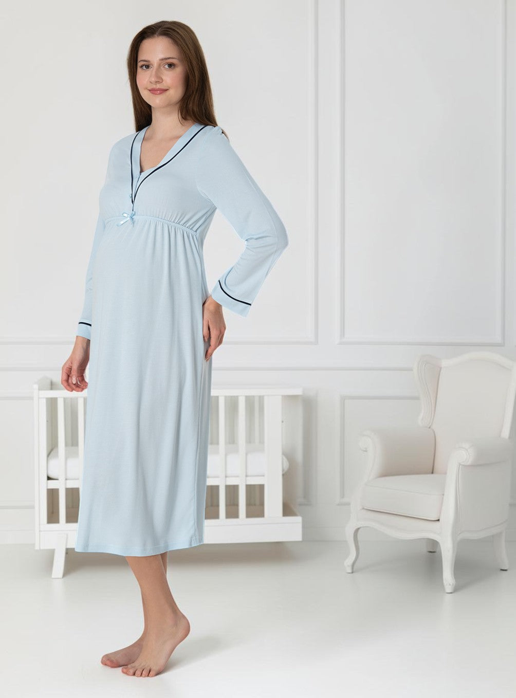 Blue maternity nightie by Mini Plum – nursing maternity nightwear, breastfeeding button-down, hospital bag & baby shower gift