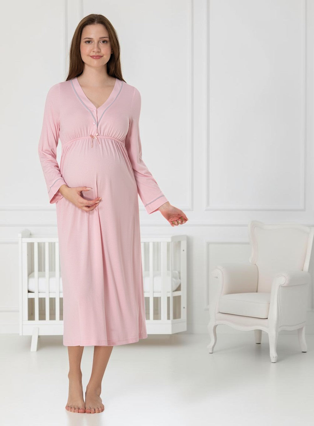 Light Pink maternity nightie by Mini Plum – nursing maternity nightwear, breastfeeding button-down, hospital bag & baby shower gift