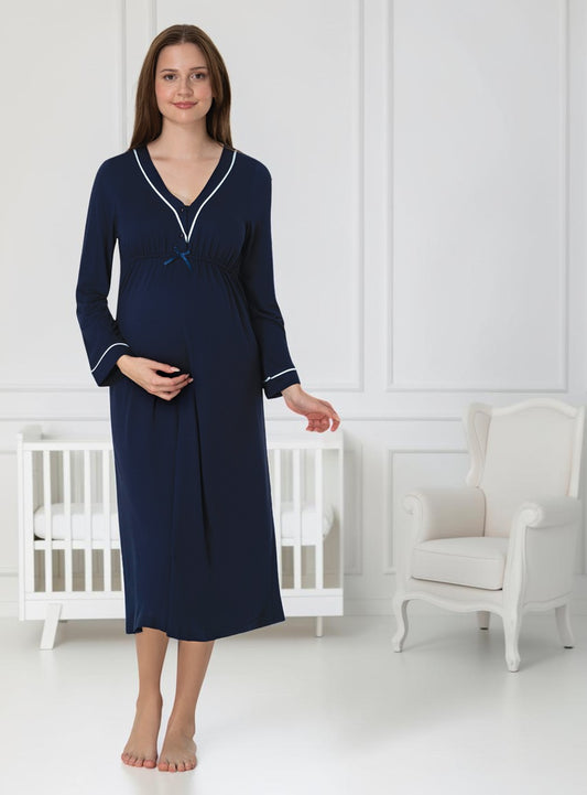 Navy maternity nightie by Mini Plum, long sleeve v-neck – nursing & breastfeeding nightwear, postpartum, hospital bag ready