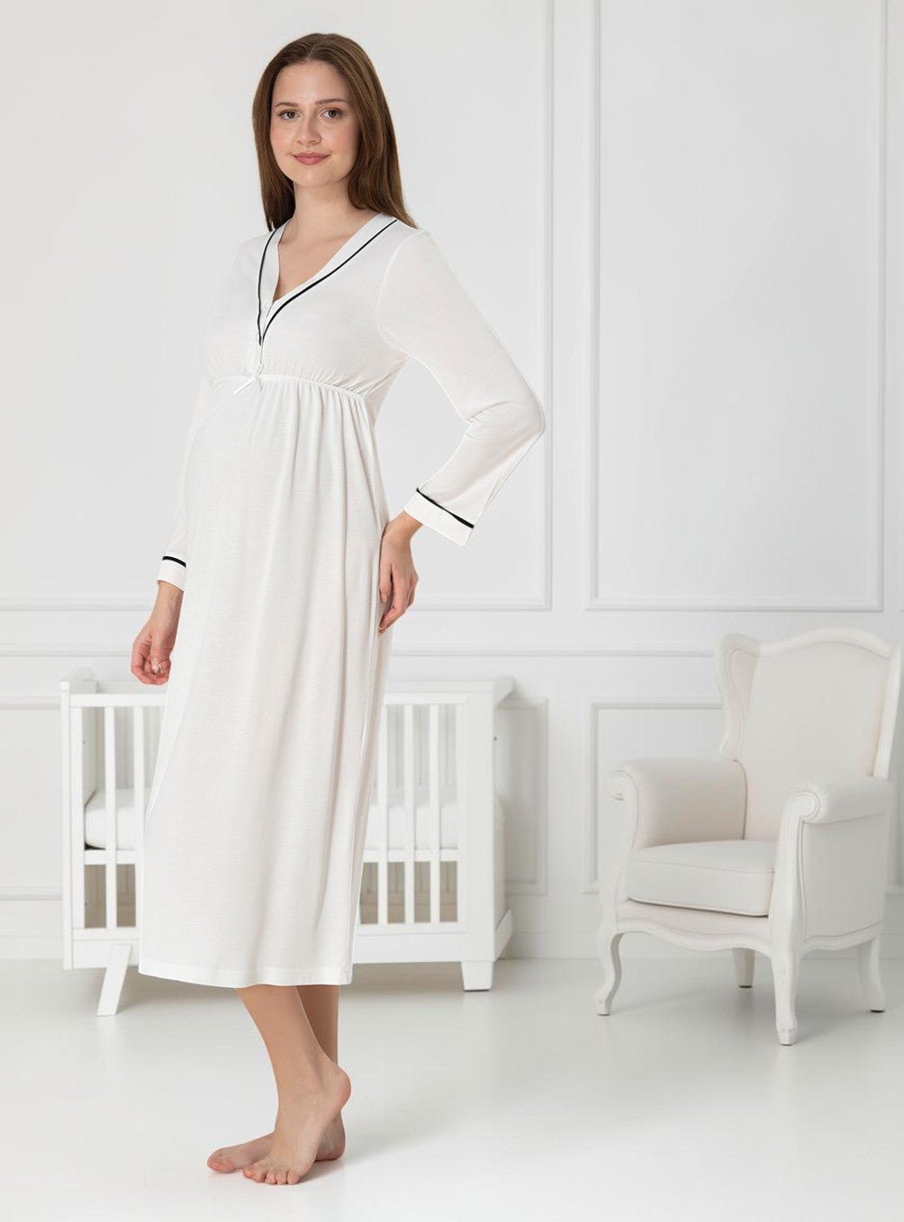 White maternity nightie by Mini Plum – nursing maternity nightwear, breastfeeding button-down, hospital bag & baby shower gift