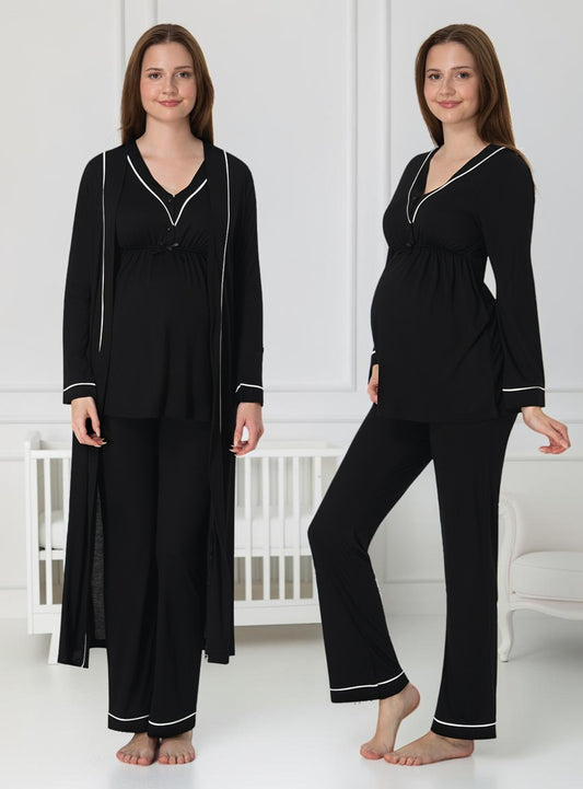 Black pyjama & robe set by Mini Plum – long-sleeve nursing nightwear with V-neck, breastfeeding-friendly, hospital bag ready