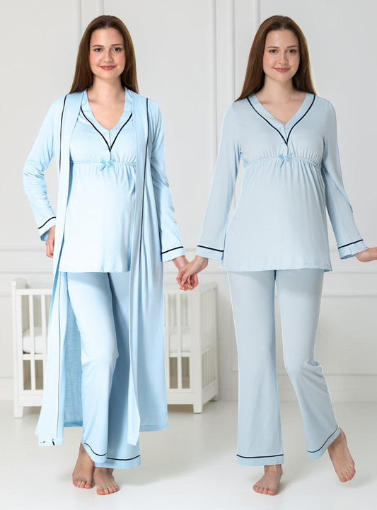 Blue pyjama & robe set by Mini Plum – long-sleeve nursing nightwear with V-neck, breastfeeding-friendly, hospital bag ready