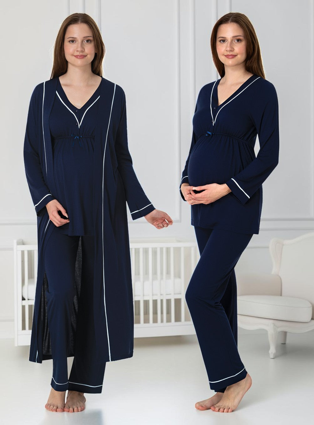 Navy pyjama & robe set by Mini Plum – long-sleeve nursing nightwear with V-neck, breastfeeding-friendly, hospital bag ready