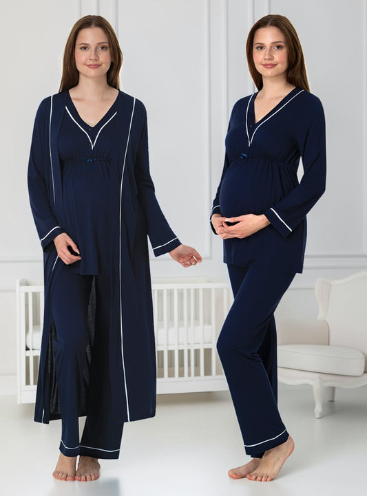 Navy pyjama & robe set by Mini Plum – long-sleeve nursing nightwear with V-neck, breastfeeding-friendly, hospital bag ready
