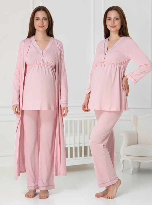 Pink pyjama & robe set by Mini Plum – long-sleeve nursing nightwear with V-neck, breastfeeding-friendly, hospital bag ready
