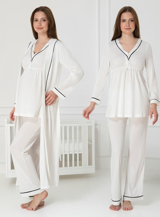 White pyjama & robe set by Mini Plum – long-sleeve nursing nightwear with V-neck, breastfeeding-friendly, hospital bag ready