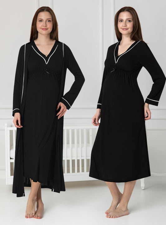 Black nightie & robe set by Mini Plum – long-sleeve nursing nightwear with V-neck, breastfeeding-friendly, hospital bag ready