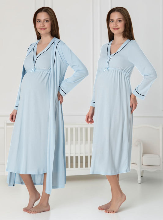 Blue nightie & robe set by Mini Plum – long-sleeve nursing nightwear with V-neck, breastfeeding-friendly, hospital bag ready
