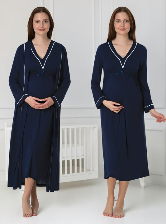 Navy nightie & robe set by Mini Plum – long-sleeve nursing nightwear with V-neck, breastfeeding-friendly, hospital bag ready
