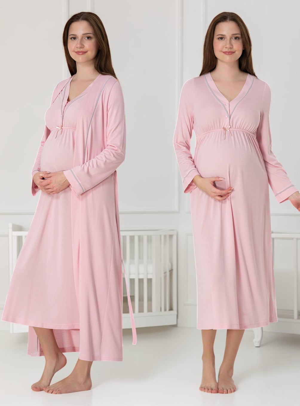 Pink nightie & robe set by Mini Plum – long-sleeve nursing nightwear with V-neck, breastfeeding-friendly, hospital bag ready