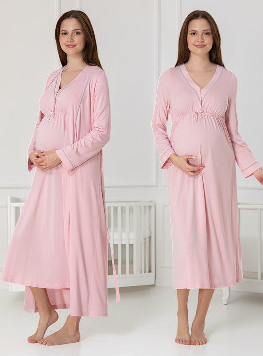 Pink nightie & robe set by Mini Plum – long-sleeve nursing nightwear with V-neck, breastfeeding-friendly, hospital bag ready