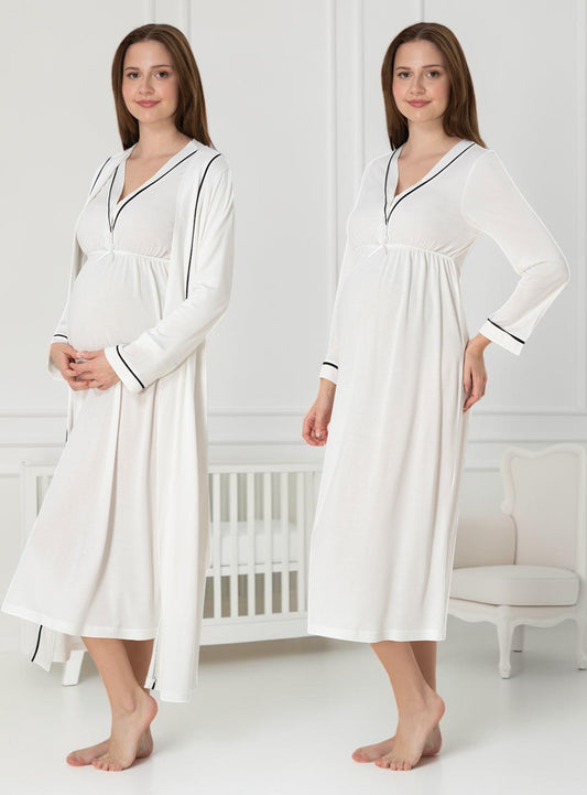 White nightie & robe set by Mini Plum – long-sleeve nursing nightwear with V-neck, breastfeeding-friendly, hospital bag ready