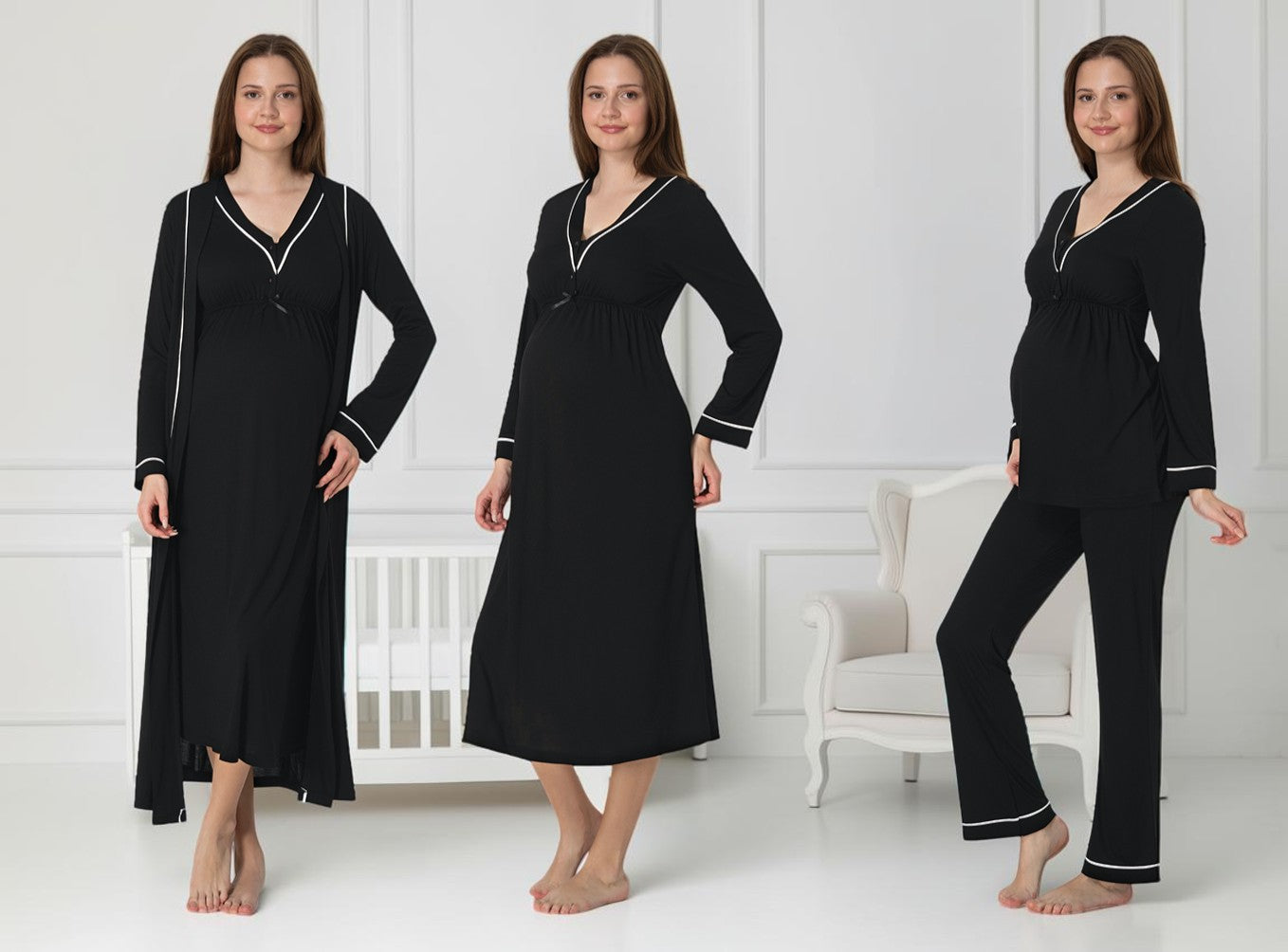 Black 4-piece maternity set by Mini Plum – long-sleeve nursing nightwear with V-neck, breastfeeding-friendly, hospital bag ready