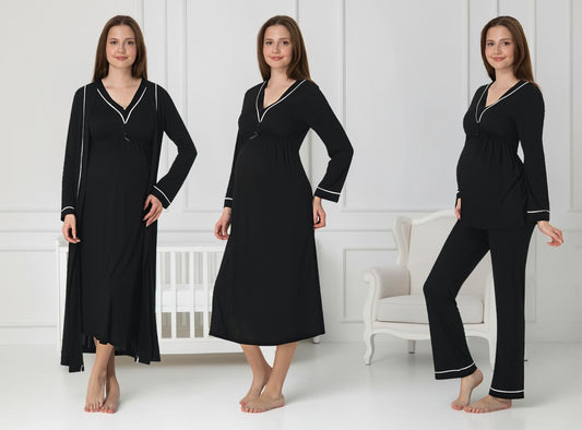 Black 4-piece maternity set by Mini Plum – long-sleeve nursing nightwear with V-neck, breastfeeding-friendly, hospital bag ready