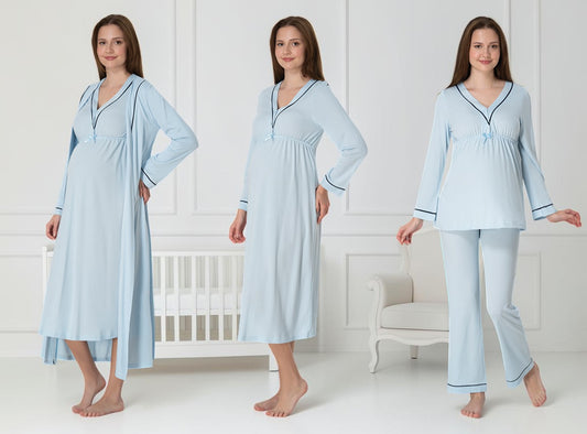 Blue 4-piece maternity set by Mini Plum – long-sleeve nursing nightwear with V-neck, breastfeeding-friendly, hospital bag ready