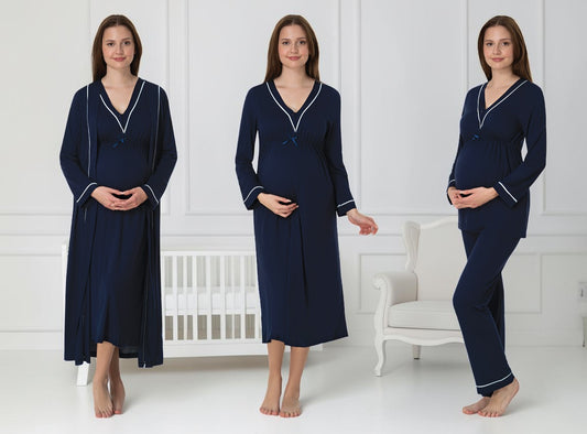 Navy 4-piece maternity set by Mini Plum – long-sleeve nursing nightwear with V-neck, breastfeeding-friendly, hospital bag ready