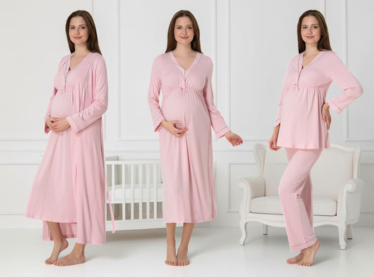 Pink 4-piece maternity set by Mini Plum – long-sleeve nursing nightwear with V-neck, breastfeeding-friendly, hospital bag ready