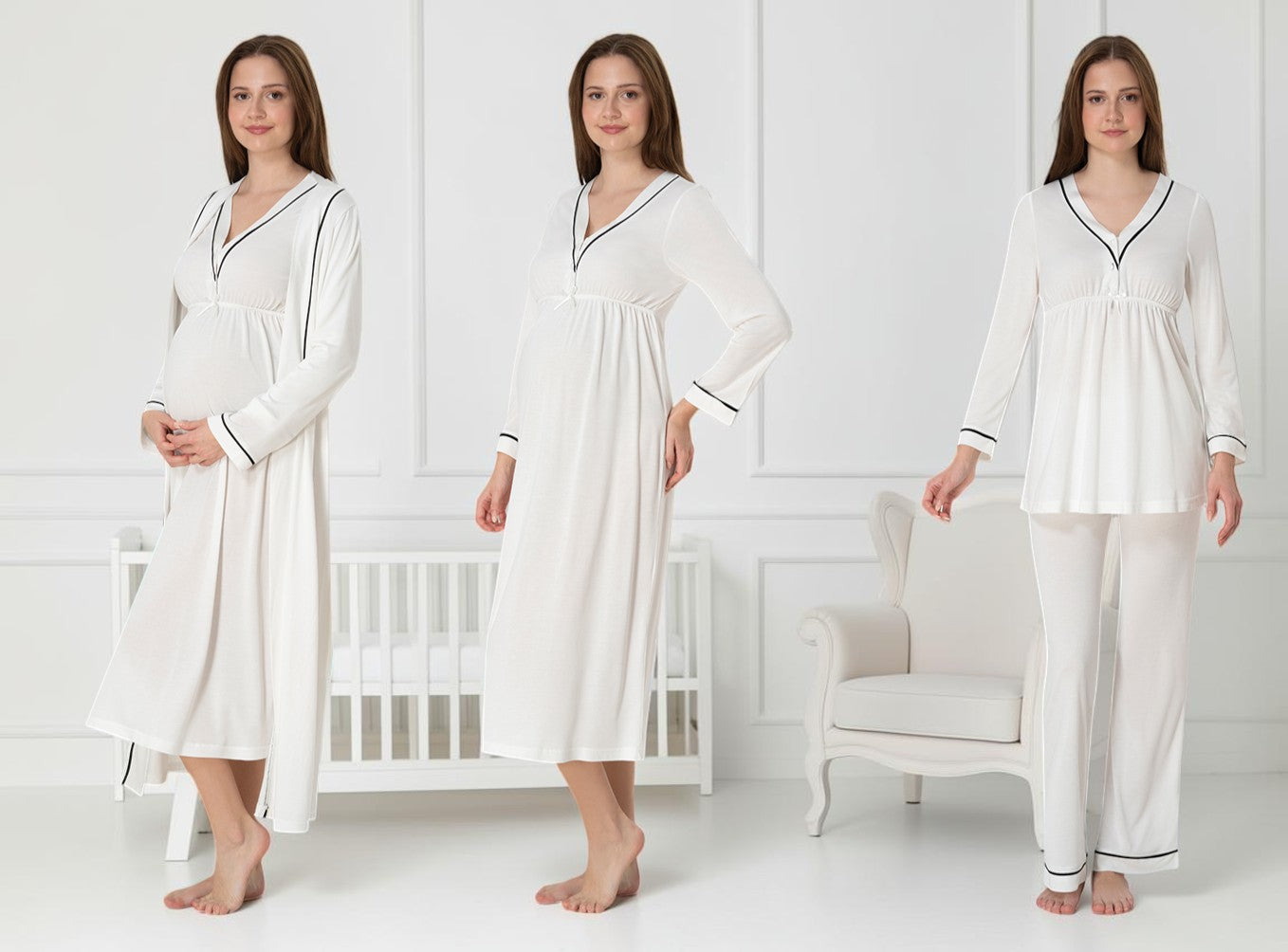 White 4-piece maternity set by Mini Plum – long-sleeve nursing nightwear with V-neck, breastfeeding-friendly, hospital bag ready