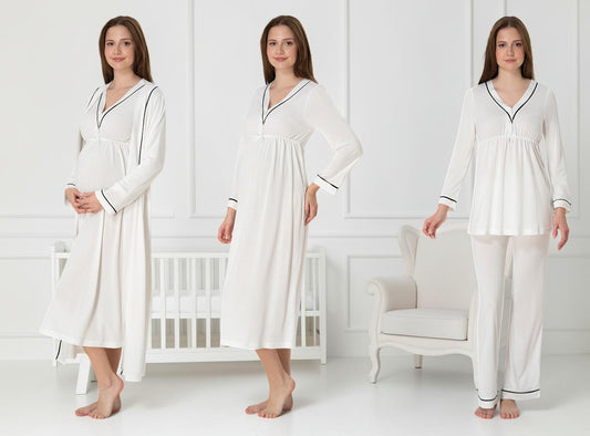 White 4-piece maternity set by Mini Plum – long-sleeve nursing nightwear with V-neck, breastfeeding-friendly, hospital bag ready