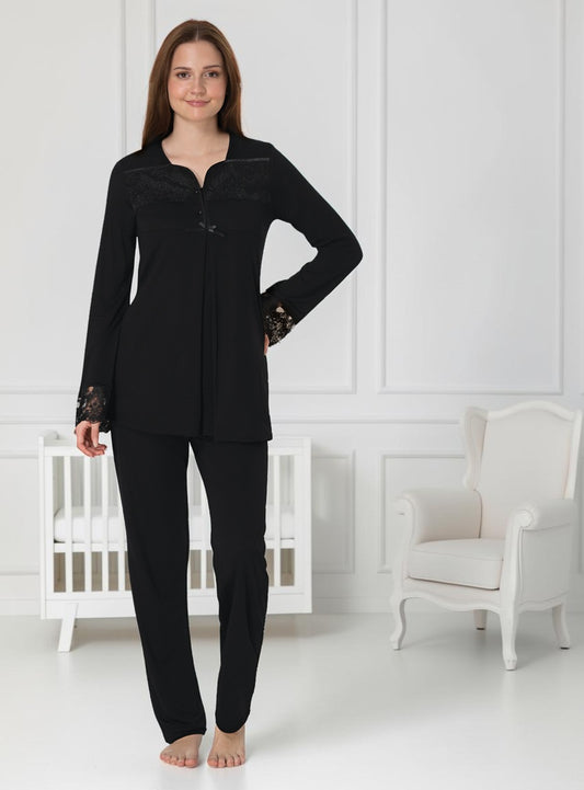 Black maternity pyjamas by Mini Plum – long-sleeve nursing nightwear with square neck, breastfeeding-friendly, hospital bag ready