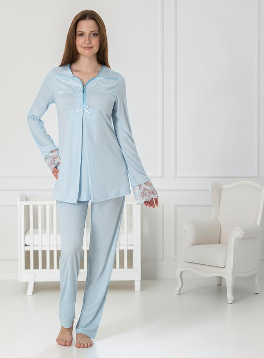 Blue maternity pyjamas by Mini Plum – long-sleeve nursing nightwear with square neck, breastfeeding-friendly, hospital bag ready