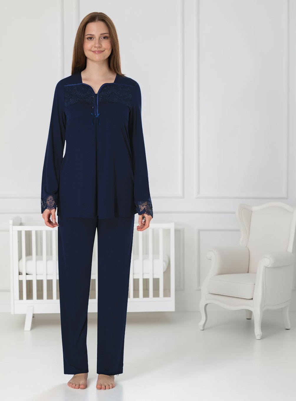 Navy maternity pyjamas by Mini Plum – long-sleeve nursing nightwear with square neck, breastfeeding-friendly, hospital bag ready