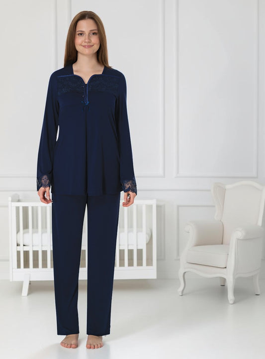 Navy maternity pyjamas by Mini Plum – long-sleeve nursing nightwear with square neck, breastfeeding-friendly, hospital bag ready