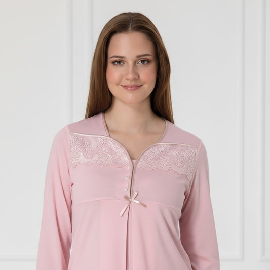 Pink maternity pyjamas by Mini Plum – long-sleeve nursing nightwear with square neck, breastfeeding-friendly, hospital bag ready